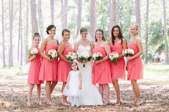 coral bridesmaid dresses for coral and gray wedding in country barn barn