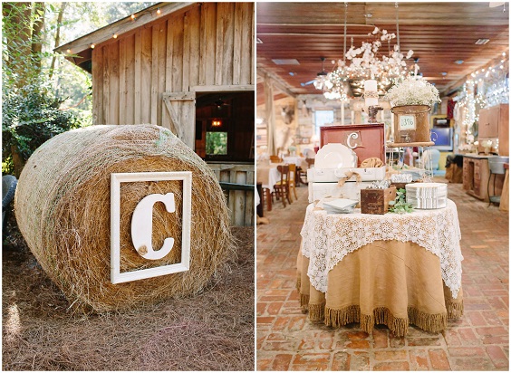 wedding ceremony for coral and gray wedding in country barn