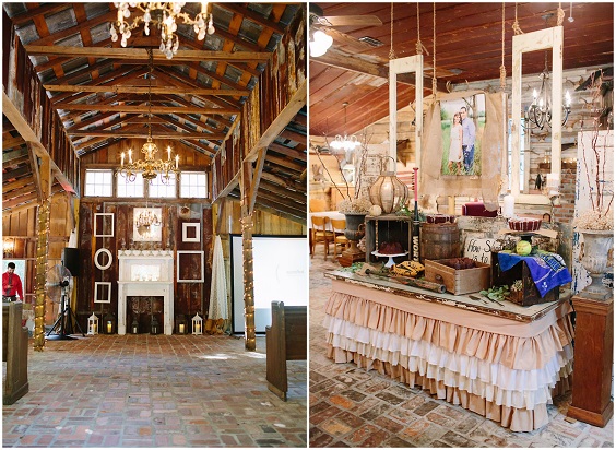 wooden table and wedding lights for coral and gray wedding in country barn