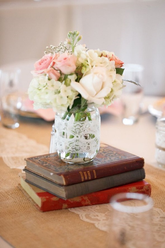 pink flower centerpiece for pink and green wedding in country barn