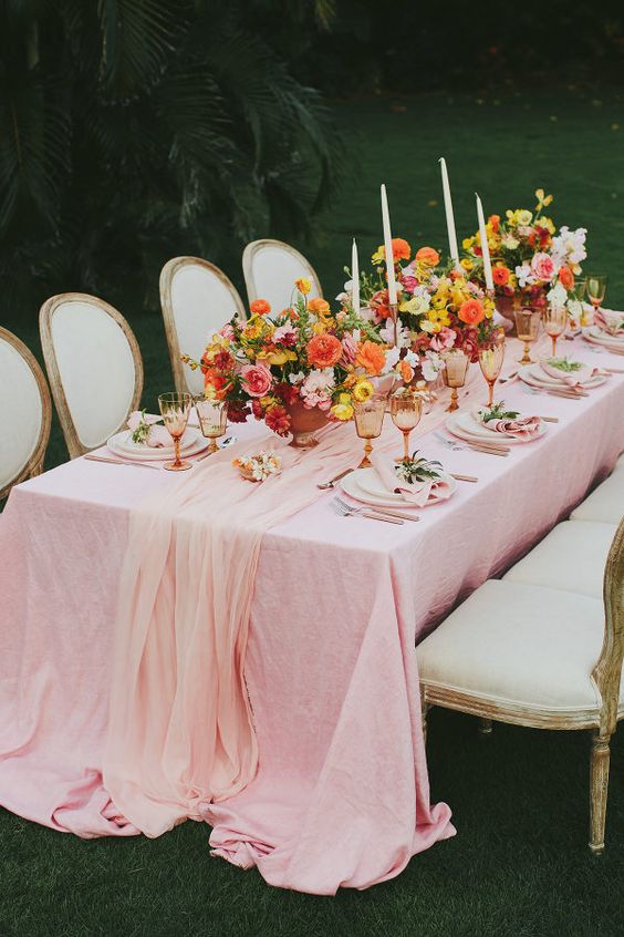 wedding blush table cloth and orange table centerpiece for blush and orange simple beach wedding