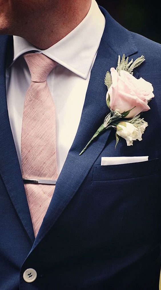 navy blue men suit with blush boutonniere and necktie for navy blue and blush simple beach wedding