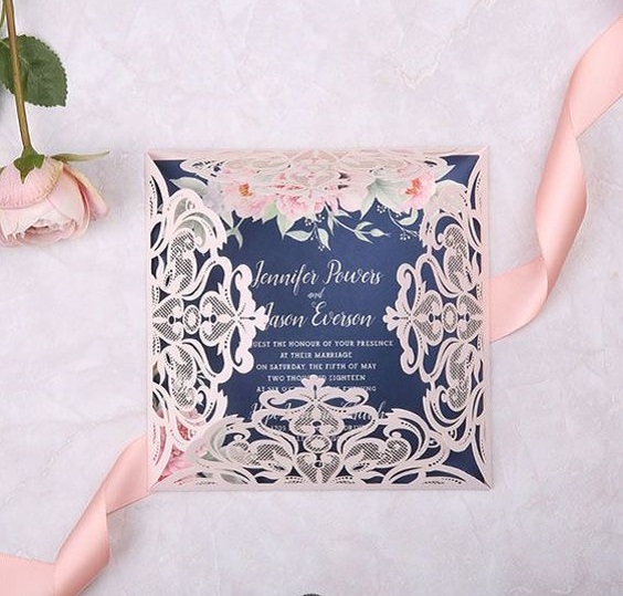 navy wedding invitation with blush ribbons for navy blue and blush simple beach wedding