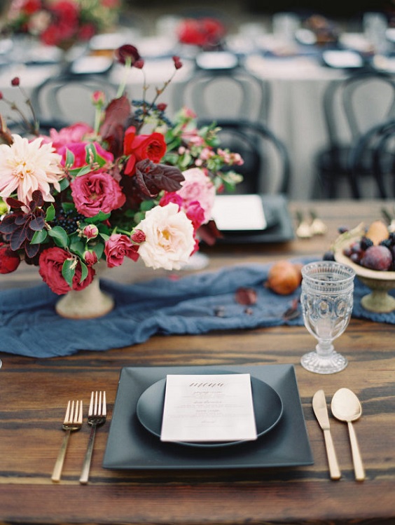 berry centerpiece dusty blue table runner and grey plates for rustic outdoor wedding colors berry and dusty blue