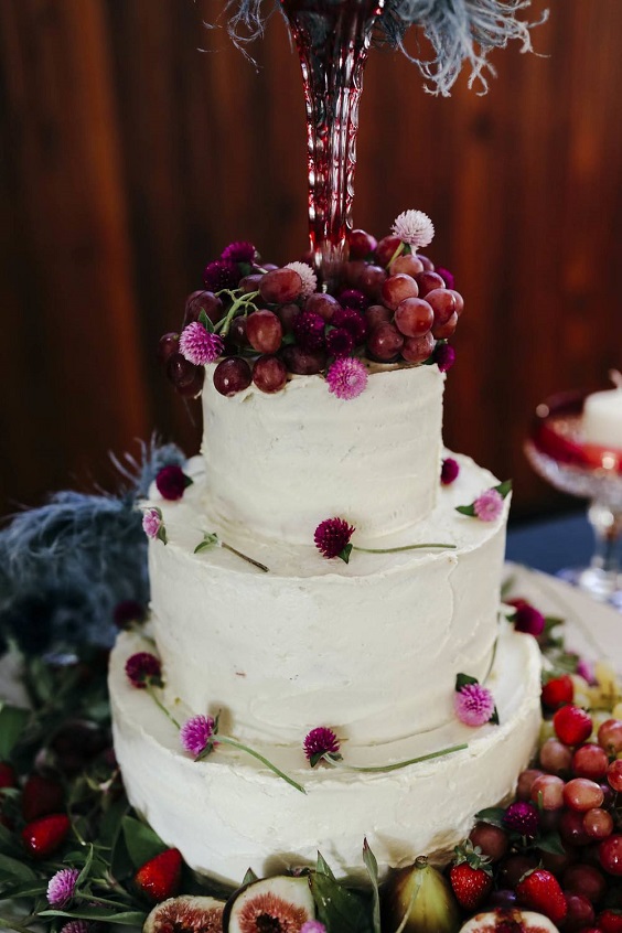 white wedding cake dotted with berries for rustic outdoor wedding colors berry and dusty blue