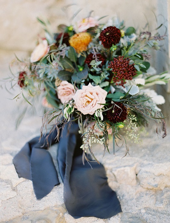 burgundy and blush bouquet with dusty blue sash for rustic outdoor wedding colors dusty blue and burgundy