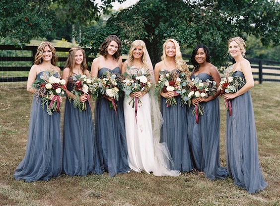 dusty blue bridesmaid dresses for rustic outdoor wedding colors dusty blue and burgundy