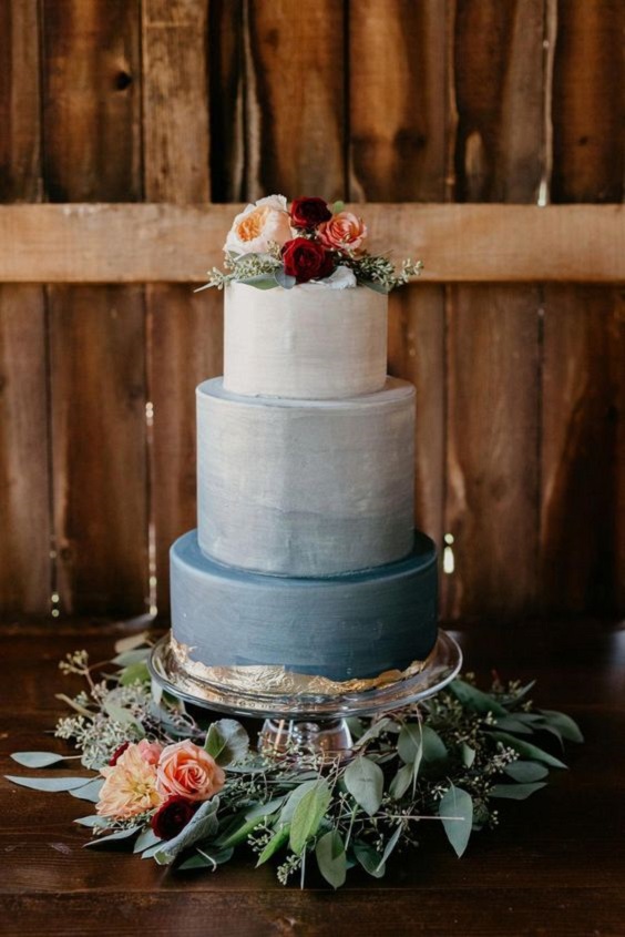 dusty blue wedding cake with burgundy and blush flowers for rustic outdoor wedding colors dusty blue and burgundy