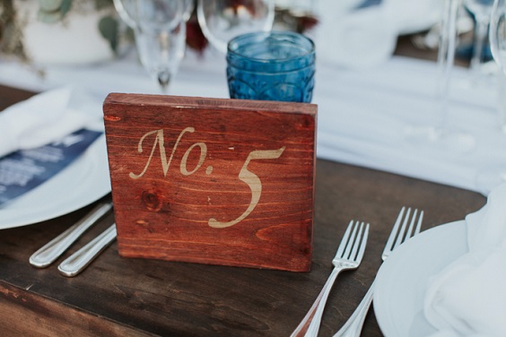 wooden table number for rustic outdoor wedding colors dusty blue and burgundy
