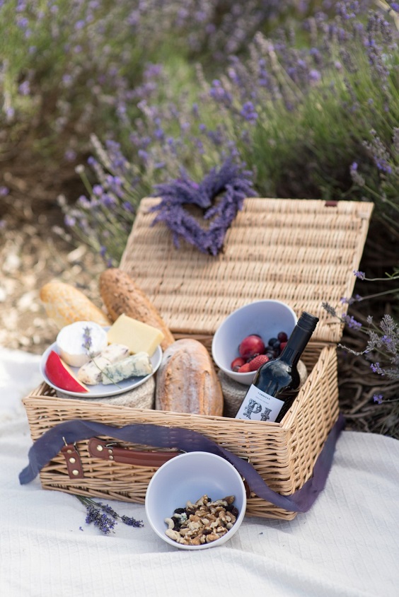 delicate wine breads and cheeses for rustic outdoor wedding colors lavender and wheat