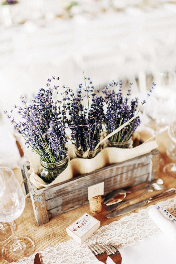 wooden box with lavender centerpieces for rustic outdoor wedding colors lavender and wheat