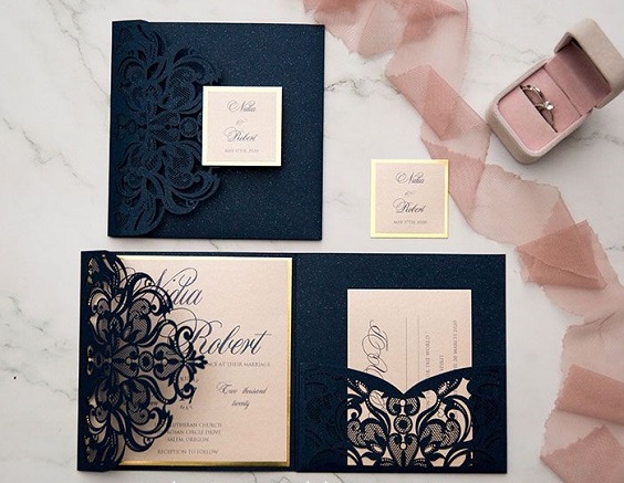 navy blue and blush laser cut invitation for rustic outdoor wedding colors navy blue and blush