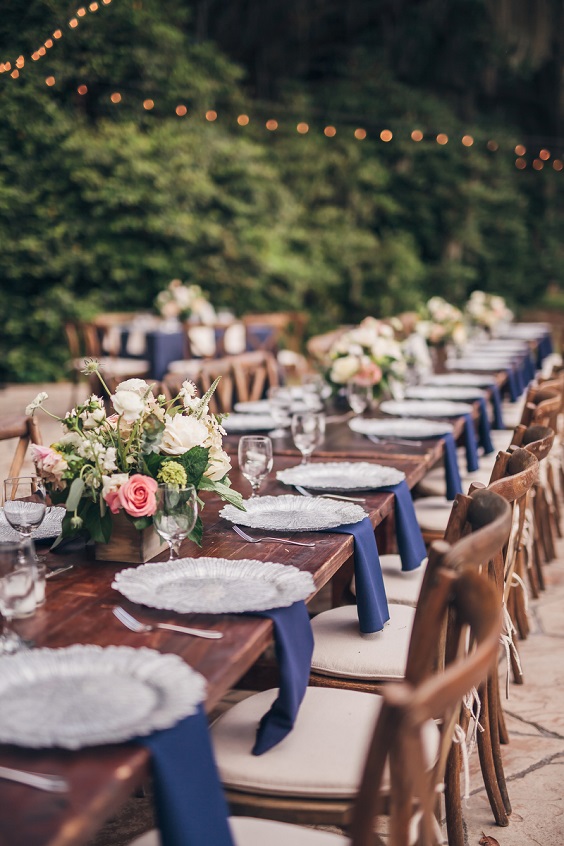 table setting for rustic outdoor wedding colors navy blue and blush
