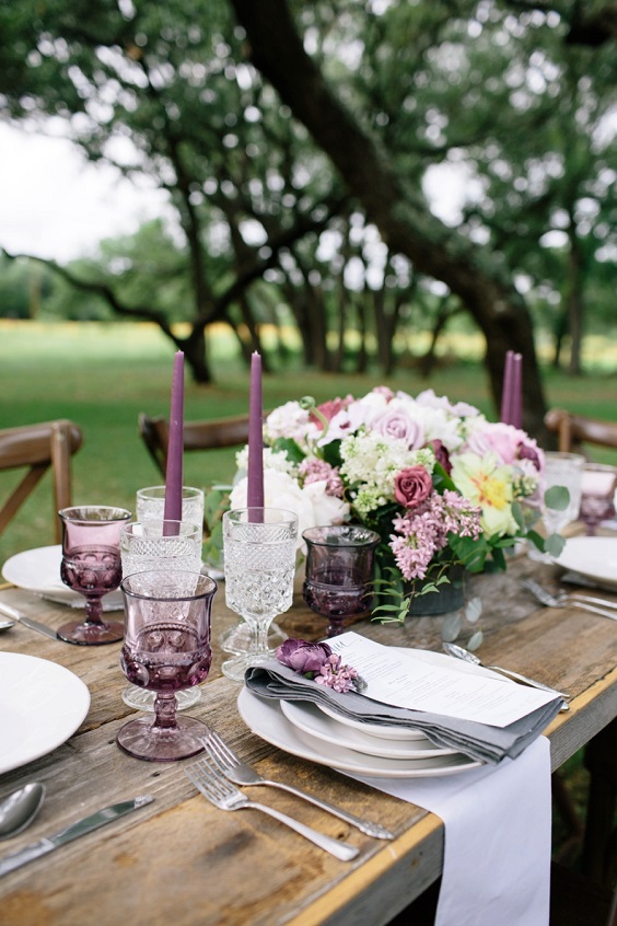 plum and green table setting for rustic outdoor wedding colors plum lilac and green