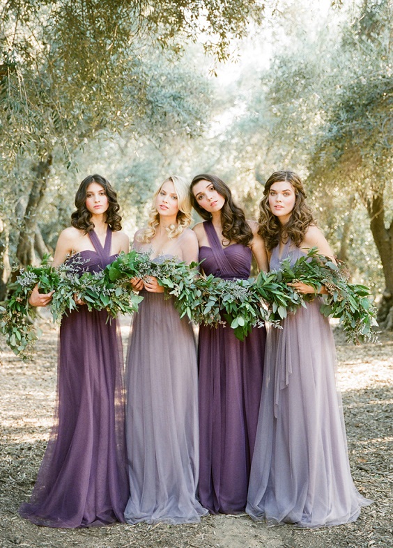 plum and lilac bridesmaid dresses for rustic outdoor wedding colors plum lilac and green