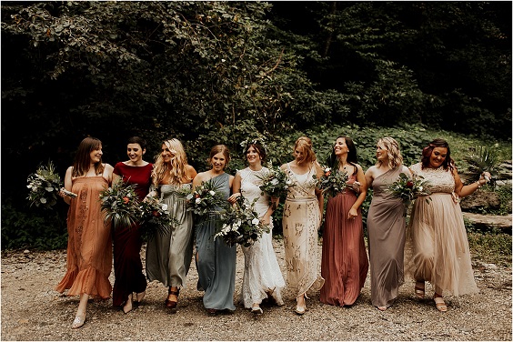 mix and match sunset color bridesmaid dresses for rustic outdoor wedding colors sunset