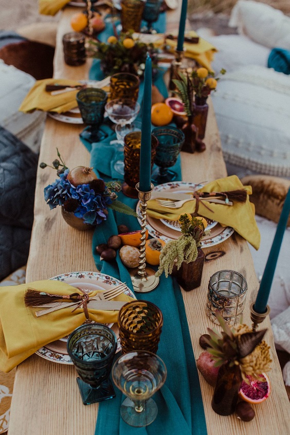 teal and mustard table setting for rustic outdoor wedding colors teal and mustard