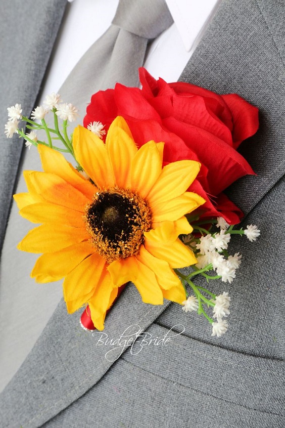 grey men suit with sunflower and red rose boutonniere for sunflower and rose wedding sunflower and red rose