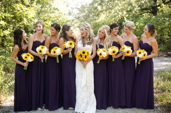purple bridesmaid dresses white bridal gown sunflower bouquet for sunflower and rose wedding sunflower and purple rose