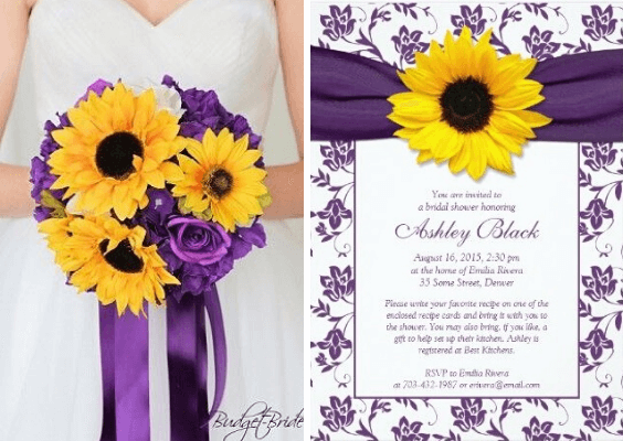 purple rose and sunflower bridal bouquet and wedding invitation for sunflower and rose wedding sunflower and purple rose
