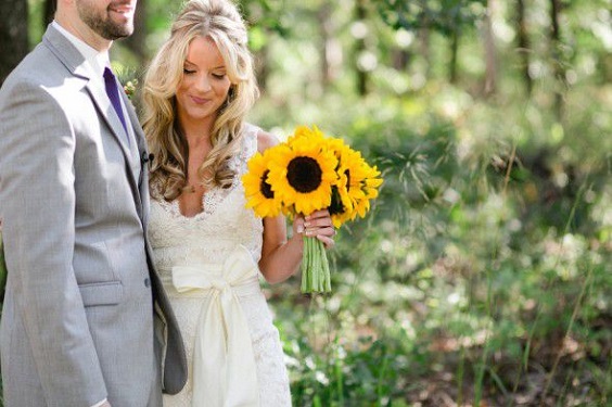 white bride gown with sunflower and purple men tie for sunflower and rose wedding sunflower and purple rose