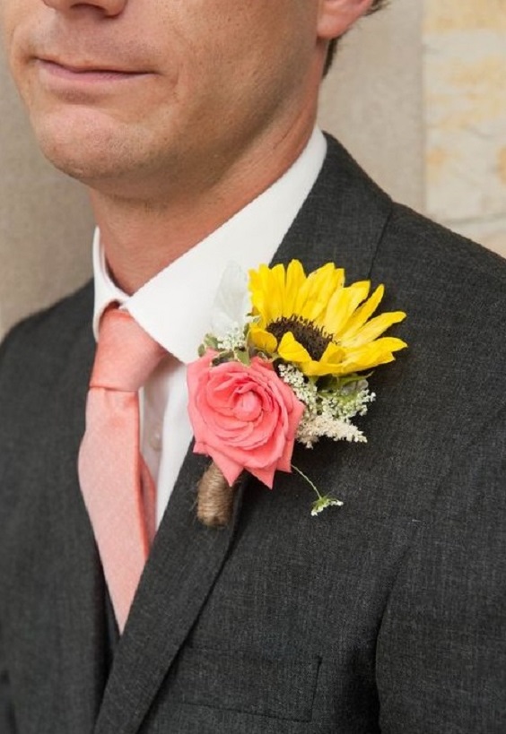 pink men tie and sunflower and pink rose boutonniere for sunflower and rose wedding sunflower and pink rose