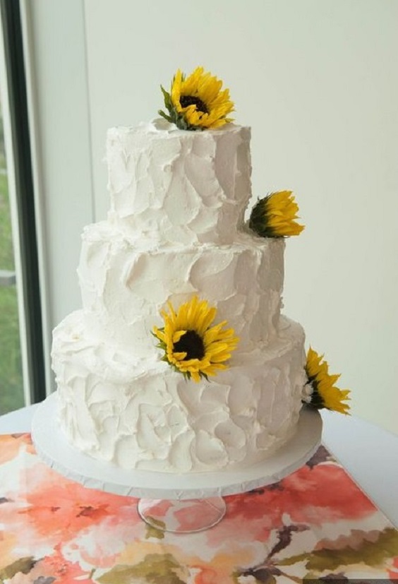 white wedding cake with sunflower decoration for sunflower and rose wedding sunflower and pink rose