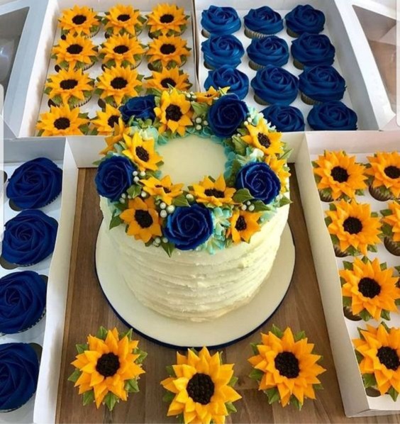 royal blue rose and sunflower wedding cake and cupcake for sunflower and rose wedding sunflower and royal blue rose