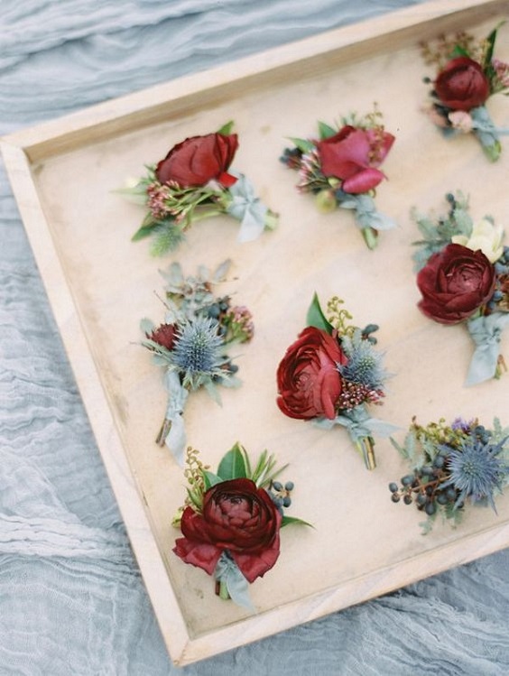 burgundy and dusty blue wedding boutonnieres for burgundy and dusty blue country chic wedding