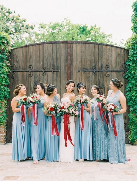 dusty blue bridesmaid dresses with burgundy bouquets for burgundy and dusty blue country chic wedding