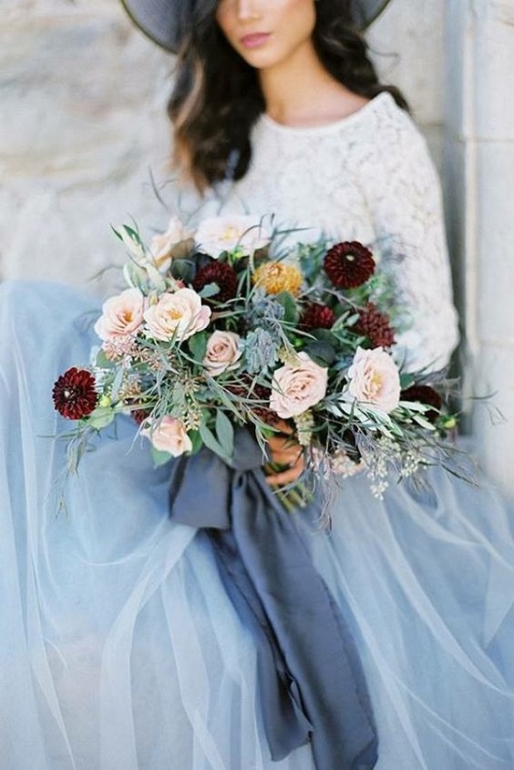 dusty blue wedding dress with burgundy bouquets for burgundy and dusty blue country chic wedding