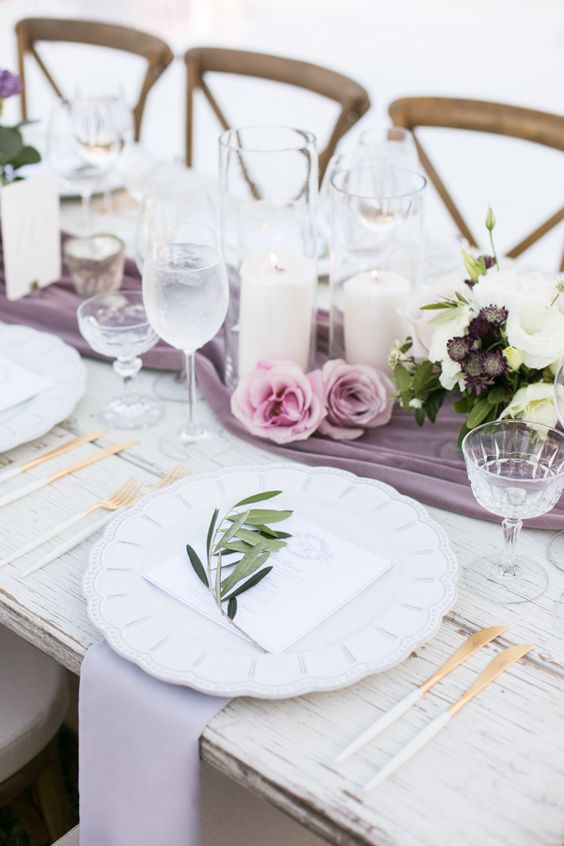 mauve wedding table runner and greenery centerpieces for mauve and green country chic wedding