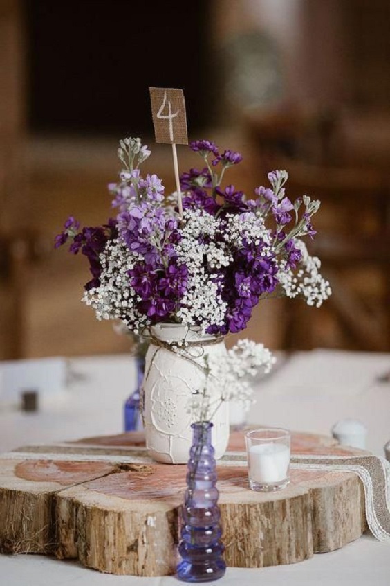 wedding mason jar centerpieces with purple and lavender flowers for purple and lavender country chic wedding