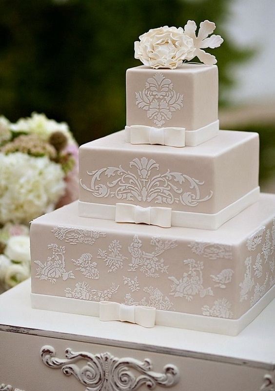 taupe and white wedding cake with ribbons for taupe and white country chic wedding