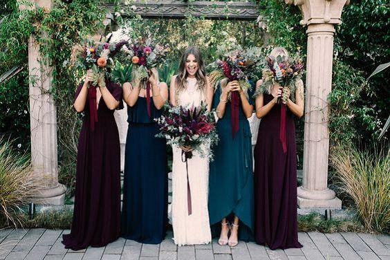 wine and dark teal bridesmaid dresses with wine bouquets for wine and dark teal country chic wedding