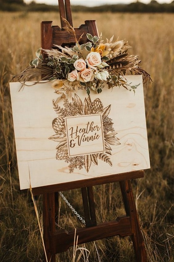 yellow and brown welcome sign for yellow brown boho chic wedding