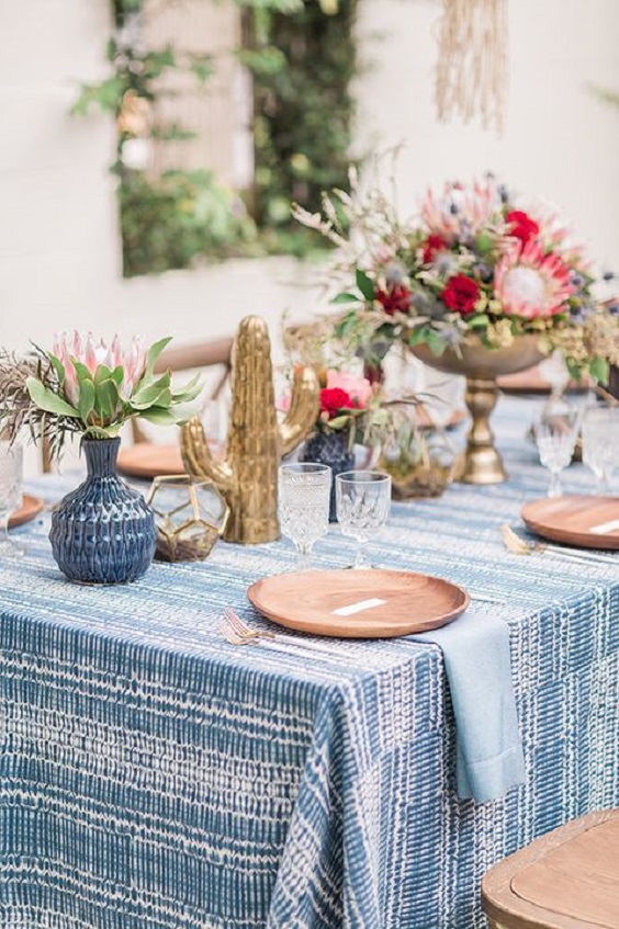 blue table cloth blue and blush centerpiece for blue blush boho chic wedding