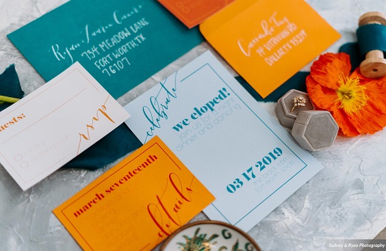 dark teal and orange invitations for dark teal orange boho chic wedding