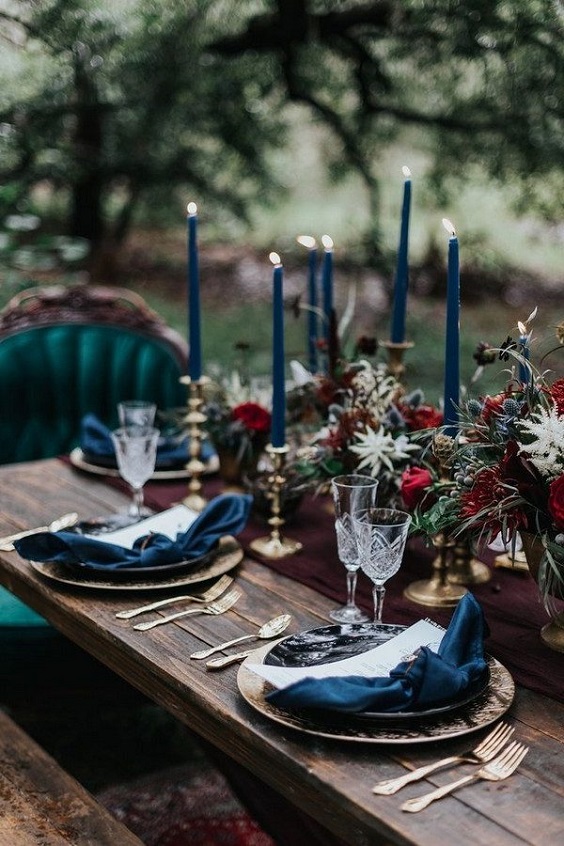 navy blue table napkin candles burgundy centerpiece for navy blue burgundy boho chic wedding