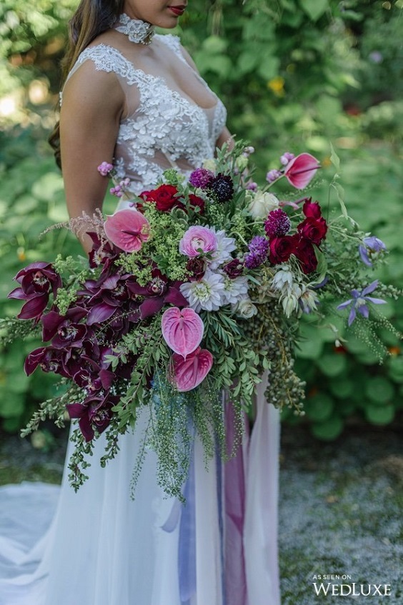 lavender and red bouquets for lavender red boho chic wedding