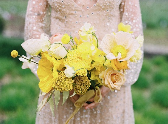 yellow and blush bouquets for yellow blush outdoor october wedding
