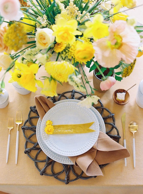 yellow and blush centerpiece for yellow blush outdoor october wedding