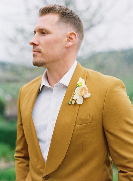 yellow men suit blush boutonniere for yellow blush outdoor october wedding