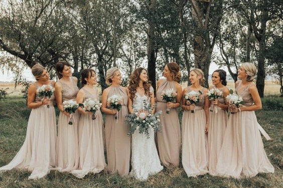 champagne bridesmaid dresses salmon bouquets for champagne salmon outdoor october wedding