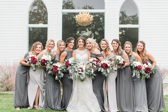 gray bridesmaid dresses red bouquets for gray blue red outdoor october wedding