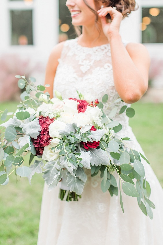 red bouquets for gray blue red outdoor october wedding