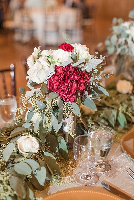 red centerpiece for gray blue red outdoor october wedding