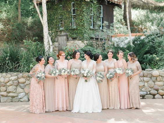 blush bridesmaid dresses and white bridal gown for blush white rustic elegant wedding