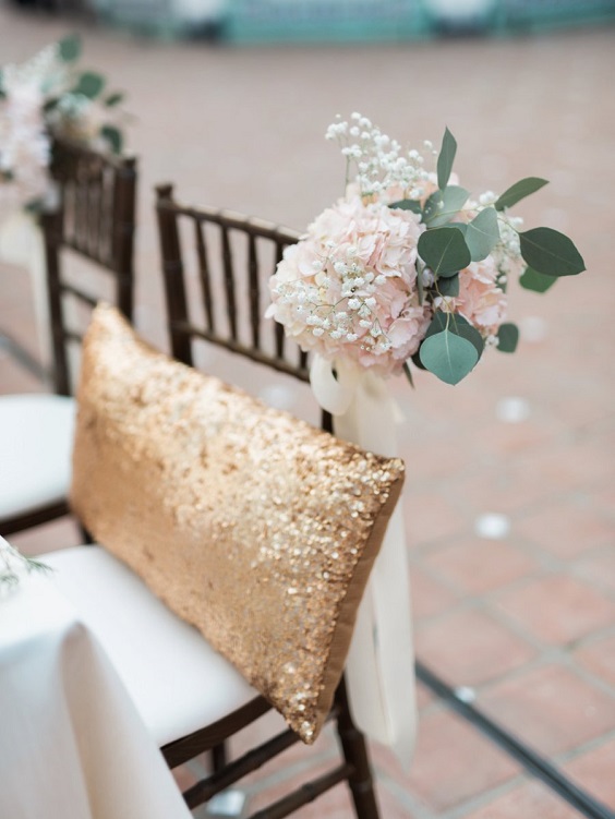 blush wedding chairs sashes and gold pillow for blush gold rustic elegant wedding