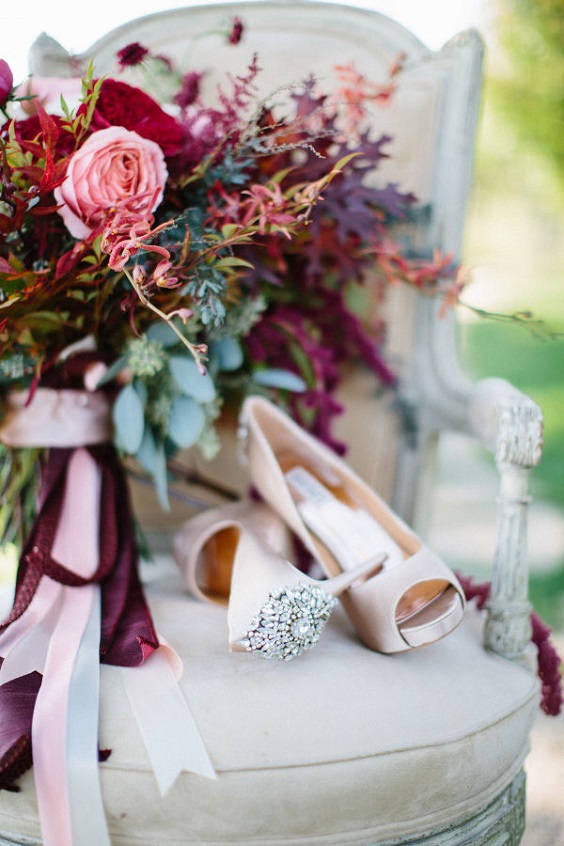 burgundy red pink bouquets and wedding shoes for burgundy red pink rustic elegant wedding